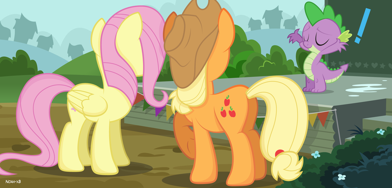 Size: 2250x1080 | Tagged: safe, artist:noah-x3, derpibooru import, applejack, fluttershy, spike, pony, exclamation point