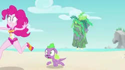 Size: 1920x1080 | Tagged: safe, derpibooru import, edit, edited screencap, editor:slayerbvc, screencap, fluttershy, pinkie pie, spike, spike the regular dog, dog, equestria girls, equestria girls series, forgotten friendship, accessory-less edit, beach, clothes, female, geode of sugar bombs, male, missing accessory, one-piece swimsuit, rock horse, running, swimsuit