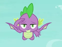 Size: 1238x937 | Tagged: cropped, cute, cute little fangs, derpibooru import, dragon, fangs, flying, male, molt down, safe, salute, screencap, smiling, smug, spike, winged spike, wings
