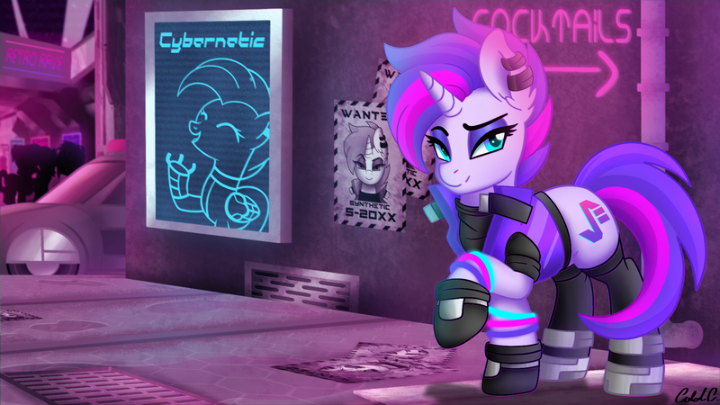 Size: 1920x1080 | Tagged: alley, alleyway, artist:ciderpunk, car, clothes, cyberpunk, derpibooru import, ear piercing, earring, gloves, glowstick, jacket, jewelry, neon, neon sign, oc, oc:synthwave, outfit, piercing, police, police car, poster, propaganda, rave, retro, safe, synthwave, wanted poster