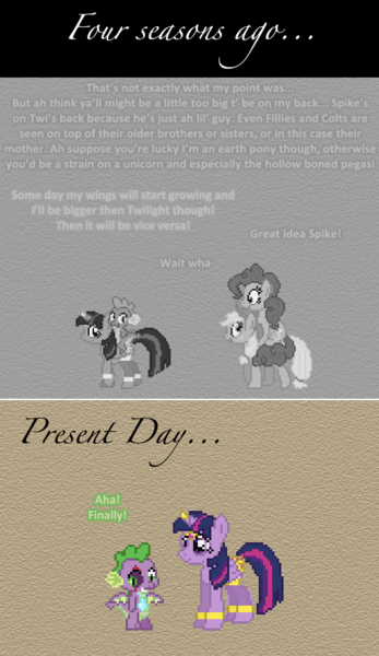 Size: 504x872 | Tagged: safe, artist:verve, derpibooru import, applejack, pinkie pie, spike, twilight sparkle, twilight sparkle (alicorn), alicorn, dragon, genie, pony, ask genie twilight, molt down, comic, dragons riding ponies, pixel art, ponies riding ponies, riding, scar, winged spike