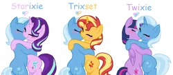 Size: 1338x583 | Tagged: safe, artist:geekcoffee, derpibooru import, starlight glimmer, sunset shimmer, trixie, twilight sparkle, twilight sparkle (alicorn), alicorn, pony, unicorn, bipedal, eyes closed, female, happy, hug, lesbian, mare, shipping, startrix, suntrix, trixie gets all the mares, twixie