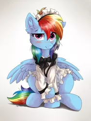 Size: 1280x1706 | Tagged: safe, artist:kaliner123, derpibooru import, rainbow dash, pegasus, pony, blushing, clothes, cute, dashabetes, looking at you, maid, rainbow dash always dresses in style, signature, simple background, sitting, solo, white background