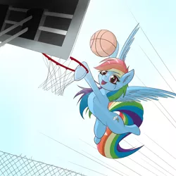 Size: 6000x6000 | Tagged: safe, artist:maneingreen, derpibooru import, rainbow dash, pegasus, pony, absurd resolution, basketball, basketball net, cute, dashabetes, female, flying, mare, open mouth, slam dunk, smiling, solo, sports, wings