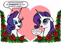 Size: 597x417 | Tagged: safe, artist:gingerfoxy, derpibooru import, rarity, pony, unicorn, pony couple generator, female, flower, heart, lesbian, narcissism, rararararara, rose, self ponidox, selfcest, shipping