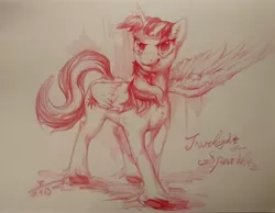 Size: 3934x3060 | Tagged: safe, artist:angusdra, derpibooru import, twilight sparkle, twilight sparkle (alicorn), alicorn, pony, abstract background, cutie mark, determined, female, fluffy, looking at you, mare, monochrome, one wing out, smiling, smirk, solo, traditional art, unshorn fetlocks