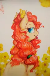 Size: 2704x4089 | Tagged: safe, artist:angusdra, derpibooru import, pear butter, earth pony, pony, abstract background, female, flower, flower in hair, lidded eyes, looking at you, looking back, mare, rear view, solo, tongue out, traditional art