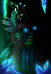 Size: 2418x3508 | Tagged: anthro, artist:iblisart, breasts, changeling, cleavage, derpibooru import, female, glowing eyes, green eyes, hive, open mouth, queen chrysalis, solo, solo female, suggestive
