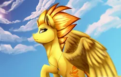 Size: 1024x651 | Tagged: safe, artist:equestrian-downfall, derpibooru import, spitfire, pegasus, pony, female, mare, sky, solo, whistle