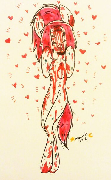 Size: 669x1080 | Tagged: anthro, anthro oc, artist:f0rever13, blood, derpibooru import, eyes closed, full body, insanity, nudity, oc, oc:rose, open mouth, psycho, questionable, rcf community, smiling, solo, traditional art, unofficial characters only