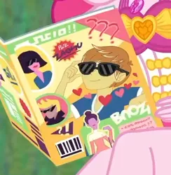 Size: 404x414 | Tagged: safe, derpibooru import, screencap, feather bangs, pinkie pie, equestria girls, equestria girls series, friendship math, cropped, geode of sugar bombs, glasses, magazine, male, solo