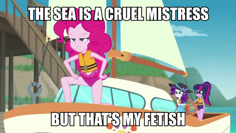 Size: 1080x608 | Tagged: safe, derpibooru import, edit, edited screencap, screencap, pinkie pie, rarity, sci-twi, twilight sparkle, equestria girls, equestria girls series, the salty sails, clothes, dialogue, image macro, meme, ocean, pose, sailing, ship, swimsuit