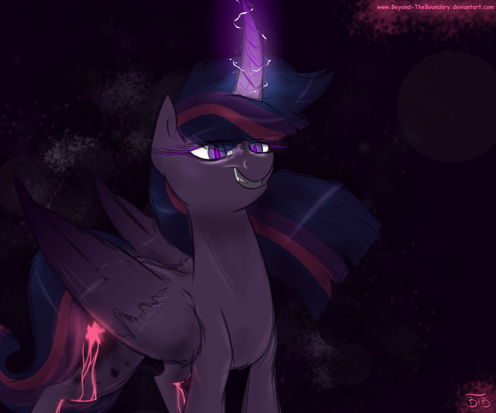 Size: 3000x2500 | Tagged: safe, artist:lrusu, derpibooru import, twilight sparkle, twilight sparkle (alicorn), alicorn, corrupted twilight sparkle, curved horn, evil grin, glowing cutie mark, glowing eyes, glowing horn, grin, slit eyes, smiling