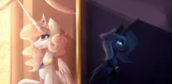 Size: 4100x2000 | Tagged: safe, artist:nutellaakanutella, derpibooru import, princess celestia, princess luna, alicorn, pony, castle of the royal pony sisters, crying, female, horn, jewelry, long horn, mare, regalia, royal sisters, siblings, sisters, slit eyes, slit pupils, smiling