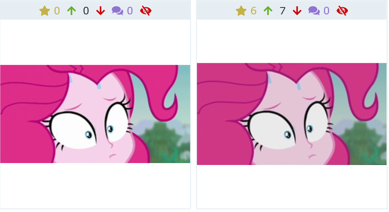 Size: 1424x780 | Tagged: safe, derpibooru import, screencap, pinkie pie, derpibooru, equestria girls, equestria girls series, friendship math, comparison, cropped, juxtaposition, meta, shrunken pupils, sweat