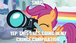 Size: 1920x1090 | Tagged: camera, cringe compilation, derpibooru import, dialogue, image macro, meme, one eye closed, reaction image, safe, scootaloo, solo