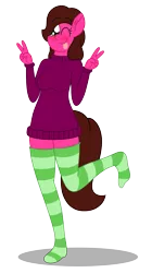 Size: 2621x4696 | Tagged: anthro, artist:aarondrawsarts, blushing, clothes, cute, derpibooru import, oc, oc:rose bloom, one eye closed, peace sign, safe, simple background, socks, solo, stockings, striped socks, sweater, thigh highs, transparent background, tumblr, unofficial characters only, wink