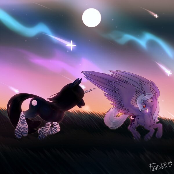 Size: 1080x1080 | Tagged: safe, artist:f0rever13, derpibooru import, princess luna, oc, oc:moon shine, alicorn, unicorn, digital art, evening, eyes closed, female, full body, full moon, happy, male, mare, moon, night, open mouth, rcf community, romantic, running, shading, shooting star, smiling, stallion, stars, straight hair