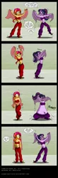 Size: 800x2426 | Tagged: safe, artist:niban-destikim, derpibooru import, sci-twi, sunset shimmer, twilight sparkle, equestria girls, armpits, belly button, belly dancer, belly dancer outfit, cartoon physics, comic, duo, glasses, harem outfit, inhaling, midriff, question mark, slam, veil, wat