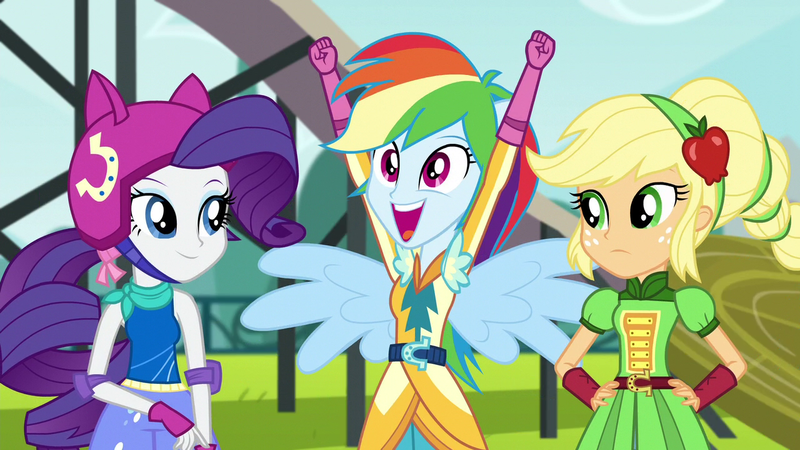 Size: 1280x720 | Tagged: safe, derpibooru import, screencap, applejack, rainbow dash, rarity, equestria girls, friendship games, braid, happy, headband, helmet, motocross outfit, ponied up, smiling, track