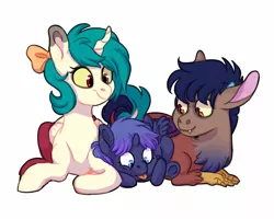 Size: 1600x1280 | Tagged: artist:whisperseas, bow, cousins, derpibooru import, draconequus, draconequus oc, female, filly, hair bow, hybrid, interspecies offspring, male, oc, oc:erebus, oc:kalypso, oc:ourania, offspring, parent:discord, parent:princess celestia, parent:princess luna, parents:dislestia, safe, simple background, unofficial characters only, white background