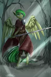 Size: 1000x1500 | Tagged: anthro, anthro oc, armor, artist:alicesmitt31, clothes, derpibooru import, digital art, female, forest, green hair, green mane, green tail, lip bite, mare, oc, oc:evergreen feathersong, pegasus, safe, signature, solo, spread wings, standing, sword, unguligrade anthro, unofficial characters only, weapon, wings, ych result