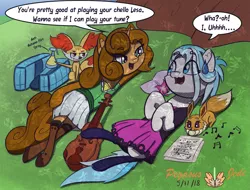 Size: 2441x1860 | Tagged: safe, artist:floofyfoxcomics, derpibooru import, oc, oc:autumn science, oc:lesa castle, unofficial characters only, eevee, fennekin, pegasus, pony, unicorn, cello, clothes, dialogue, female, implied lesbian, implied shipping, innuendo, jacket, mare, misspelling, musical instrument, on back, pokémon, sheet music, skirt, stockings, thigh highs