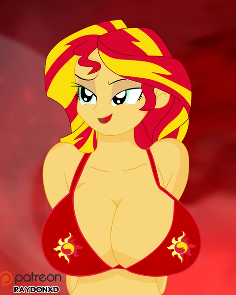 Size: 1024x1280 | Tagged: suggestive, artist:raydonxd, derpibooru import, sunset shimmer, equestria girls, big breasts, bikini, breasts, busty sunset shimmer, cleavage, clothes, cutie mark swimsuit, female, huge breasts, image, patreon, patreon logo, png, red bikini top, red bra, red swimsuit, red underwear, sexy, smiling, solo, solo female, stupid sexy sunset shimmer, swimsuit, underwear