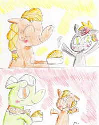 Size: 1639x2054 | Tagged: applejack, artist:ptitemouette, derpibooru import, female, grandmother and grandchild, granny smith, oc, oc:apple zenith, parent:oc:bow tie, parent:oc:pomme de pin, safe