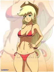 Size: 675x900 | Tagged: suggestive, artist:layerth, derpibooru import, applejack, equestria girls, bikini, breasts, busty applejack, clothes, cowboy hat, female, hat, looking at you, smiling, solo, solo female, stetson, swimsuit, watermark