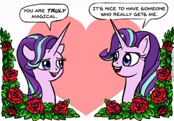 Size: 596x415 | Tagged: safe, artist:gingerfoxy, derpibooru import, starlight glimmer, pony, unicorn, pony couple generator, female, flower, glimglim, heart, lesbian, mare, rose, self ponidox, selfcest, shipping, similo duplexis