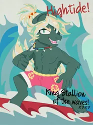 Size: 880x1192 | Tagged: anthro, artist:dbkit, clothes, derpibooru import, jewelry, necklace, next generation, oc, oc:hightide, offspring, parent:dumbbell, parent:rainbow dash, parents:dumbdash, safe, shark teeth, shorts, surfboard, surfing, water