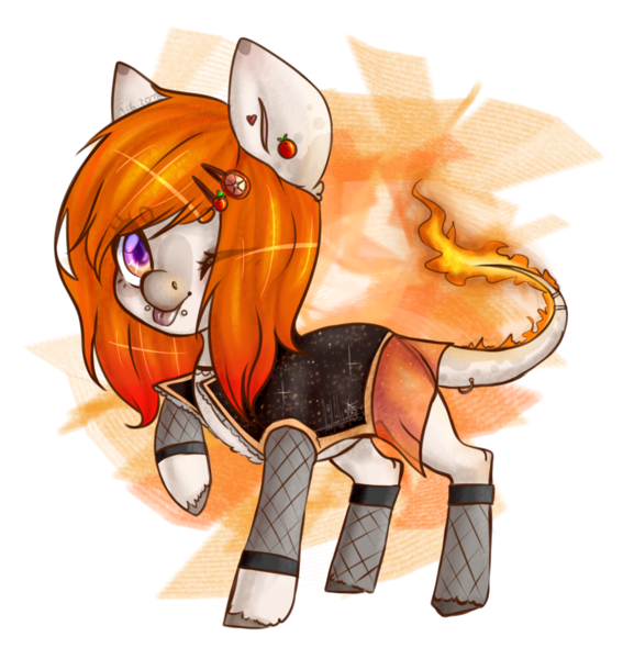 Size: 1100x1144 | Tagged: safe, artist:lastaimin, derpibooru import, oc, unofficial characters only, earth pony, pony, augmented tail, chibi, clothes, female, fire, fishnets, mare, one eye closed, piercing, simple background, solo, tail piercing, tongue out, transparent background, vest, wink