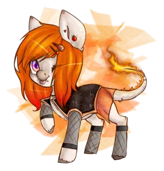 Size: 1100x1144 | Tagged: safe, artist:lastaimin, derpibooru import, oc, unofficial characters only, earth pony, pony, augmented tail, chibi, clothes, female, fire, fishnets, mare, one eye closed, piercing, simple background, solo, tail piercing, tongue out, transparent background, vest, wink