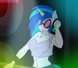 Size: 1600x1400 | Tagged: safe, artist:tertonda, deleted from derpibooru, derpibooru import, vinyl scratch, anthro, unicorn, belly button, belt, clothes, cutie mark necklace, ear fluff, female, glasses, glowstick, grin, headphones, jewelry, mare, midriff, necklace, smiling, solo, speakers, sunglasses, turntable