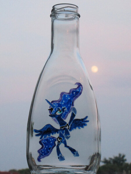 Size: 774x1032 | Tagged: artist:malte279, bottle, craft, derpibooru import, glass engraving, glass painting, moon, moonlight, princess luna, safe