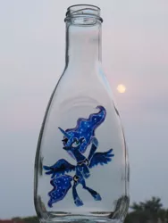 Size: 774x1032 | Tagged: artist:malte279, bottle, craft, derpibooru import, glass engraving, glass painting, moon, moonlight, princess luna, safe