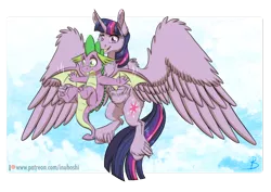 Size: 1024x725 | Tagged: safe, artist:inuhoshi-to-darkpen, derpibooru import, spike, twilight sparkle, twilight sparkle (alicorn), alicorn, dragon, pony, molt down, :p, cheek fluff, chest fluff, cloud, ear fluff, feathered fetlocks, female, flying, large wings, male, mare, patreon, patreon logo, silly, simple background, sky, spread wings, teaching, tongue out, transparent background, unshorn fetlocks, winged spike, wings