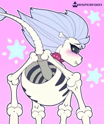 Size: 1100x1314 | Tagged: suggestive, artist:whisperfoot, derpibooru import, skellinore, pony, skeleton pony, the break up breakdown, anatomically incorrect, ascot, blushing, bone, bonybutt, dock, female, looking at you, looking back, presenting, simple background, skeleton, solo, tail