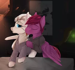 Size: 3000x2800 | Tagged: safe, artist:chapaevv, derpibooru import, oc, oc:crystal eclair, oc:tooty fruity, pegasus, pony, zebra, fallout equestria, fallout equestria: influx, bed, bullet hole, clothes, coat, computer, fanfic art, female, licking, looking at each other, male, mushroom cloud, shirt, tongue out, tootyeclair, undressing, vault boy, zebra oc