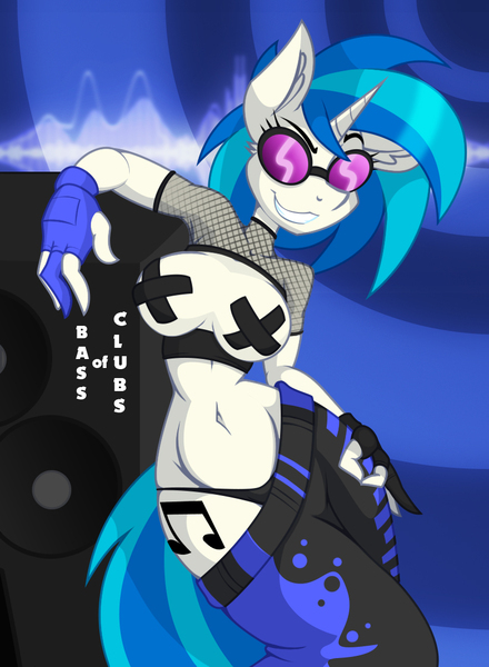 Size: 822x1122 | Tagged: suggestive, artist:lil miss jay, derpibooru import, vinyl scratch, anthro, unicorn, full service playing cards, abstract background, armpits, belly button, breasts, busty vinyl scratch, circle game, clothes, complex background, cutie mark, ear fluff, exposed underwear, female, fingerless gloves, glasses, gloves, grin, image, jpeg, leaning, looking at you, midriff, nipple tape, panties, pasties, raised eyebrow, skimpy, smiling, smiling at you, smirk, solo, solo female, speaker, speakers, thong, underwear, vinyl slut