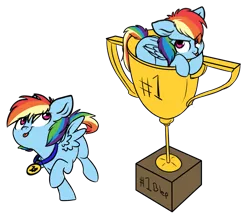 Size: 2357x2013 | Tagged: safe, artist:chub-wub, derpibooru import, rainbow dash, pegasus, pony, :p, cup, cup of pony, cute, dashabetes, female, filly, filly rainbow dash, looking at you, looking back, mare, medal, micro, silly, simple background, solo, tongue out, transparent background, trophy, trotting, younger