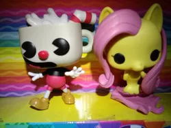 Size: 960x720 | Tagged: artist:user15432, cuphead, cuphead (character), derpibooru import, figure, fluttershy, funko, funko figure, funko pop!, hasbro, irl, my little pony: the movie, photo, safe, seaponified, seapony fluttershy, seapony (g4), species swap, spoiler:my little pony the movie, studio mdhr, toy, toyshy