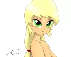 Size: 1280x1024 | Tagged: suggestive, artist:fotasy, derpibooru import, applejack, equestria girls, breasts, clothes, female, green eyes, nudity, partial nudity, simple background, solo, solo female, topless, white background