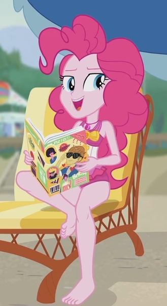 Size: 1153x2100 | Tagged: safe, derpibooru import, screencap, feather bangs, pinkie pie, equestria girls, equestria girls series, friendship math, barefoot, beach, clothes, cropped, feet, legs, magazine, solo, swimsuit