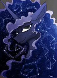 Size: 1758x2384 | Tagged: safe, artist:greyscaleart, color edit, derpibooru import, edit, princess luna, alicorn, pony, colored, constellation, constellation freckles, ethereal mane, female, freckles, greyscaleart is trying to murder us, mare, monochrome, neo noir, partial color, simple background, solo, starry mane, traditional art