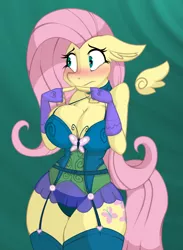 Size: 822x1122 | Tagged: suggestive, artist:lil miss jay, derpibooru import, fluttershy, anthro, full service playing cards, adorasexy, basque, big breasts, blushing, bra, breasts, busty fluttershy, cleavage, clothes, cute, ear fluff, embarrassed, female, fingerless gloves, floating wings, floppy ears, flutterthighs, french haute couture, garters, gloves, lingerie, looking away, nervous, panties, sexy, shyabetes, solo, solo female, stockings, thigh highs, thunder thighs, underwear