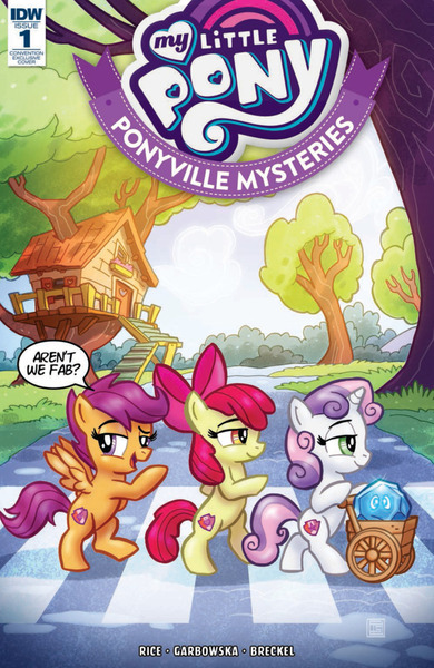 Size: 832x1280 | Tagged: safe, artist:tim shin, derpibooru import, idw, apple bloom, imp the mimicker, scootaloo, sweetie belle, earth pony, mimicker, pegasus, pony, unicorn, ponyville mysteries, spoiler:comic, spoiler:comicponyvillemysteries1, abbey road, bow, cart, clubhouse, cover, crusaders clubhouse, cutie mark, cutie mark crusaders, female, filly, hair bow, parody, spread wings, the cmc's cutie marks, trio, wings