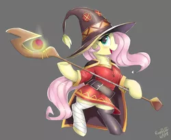 Size: 6000x4900 | Tagged: absurd resolution, anime, artist:rosefluffdraws, blushing, clothes, cosplay, costume, cute, derpibooru import, dress, female, fluttershy, gray background, hat, konosuba, mare, megumin, otakushy, safe, shyabetes, simple background, skirt, smiling, solo, staff, witch, witch hat, wizard