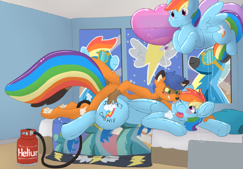 Size: 1600x1111 | Tagged: questionable, artist:jearic, derpibooru import, rainbow dash, oc, anthro, fox, inflatable pony, pegasus, pony, anthro on pony action, anthro with ponies, balloon, balloon rainbow dash, bed, bedroom, blushing, body writing, canon x oc, female, furry, helium tank, inflatable, inflating, interspecies, licking, male, non-mlp oc, one eye closed, open mouth, pillow, tongue out